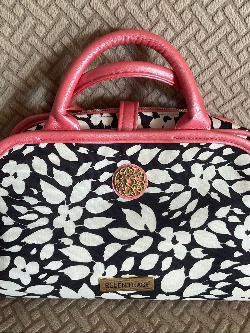 Ellen Tracy Black & White Floral Cosmetic Bag with Coral Trim